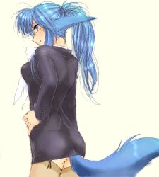 Rule 34 | 1girl, animal ears, ass, blue eyes, blue hair, follower (yagisaka seto), from behind, gender request, genderswap, glasses, hand on own hip, imageboard colors, looking at viewer, looking back, lowres, matching hair/eyes, oekaki, official art, original, pantyhose, ponytail, profile, skirt, solo, tail, thighhighs, white background, yagisaka seto