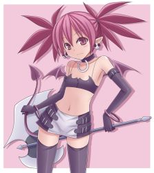 Rule 34 | 1girl, amane hasuhito, axe, bad id, bad pixiv id, bat wings, belt, black thighhighs, blush, demon girl, demon tail, disgaea, double bladed axe, earrings, elbow gloves, etna (disgaea), flat chest, gloves, jewelry, midriff, miniskirt, navel, pointy ears, red eyes, red hair, skirt, solo, tail, thighhighs, weapon, wings