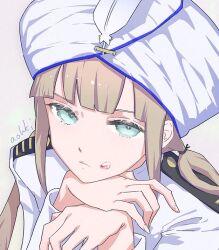 Rule 34 | 1boy, blue eyes, blue hair, blunt bangs, captain nemo (fate), closed mouth, cropped, fate/grand order, fate (series), food, food on face, frown, gradient hair, half-closed eyes, hand on own chin, hat feather, head rest, jacket, looking at viewer, low twintails, male focus, multicolored hair, nemo (fate), own hands together, shoulder boards, signature, solo, turban, twintails, waterstaring, white jacket