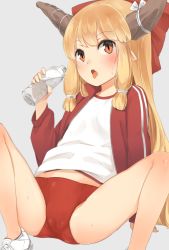 Rule 34 | 1girl, alternate costume, blush, bottle, bow, buruma, commentary request, gym uniform, hair bow, hair ribbon, highres, holding, holding bottle, horn ornament, horn ribbon, horns, ibuki suika, jacket, looking at viewer, midriff peek, nishiuri, open mouth, orange hair, red bow, red buruma, red jacket, ribbon, shirt, shoes, sidelocks, sitting, slit pupils, sneakers, solo, spread legs, sweat, tongue, tongue out, touhou, tress ribbon, water bottle, white footwear, white ribbon, white shirt
