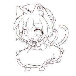 Rule 34 | 1girl, animal ears, arms behind back, bad id, bad pixiv id, cat ears, cat girl, cat tail, chen, earrings, female focus, highres, jewelry, kachoo, leaning forward, lineart, looking at viewer, monochrome, multiple tails, short hair, single earring, smile, solo, tail, touhou
