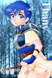 Rule 34 | 1girl, armor, bare tree, blue armor, blue eyes, blue hair, blush, character name, copyright name, fire emblem, fire emblem: the binding blade, forest, gloves, hissaa (starlight express), looking at viewer, matching hair/eyes, nature, nintendo, pegasus knight uniform (fire emblem), photo background, polearm, shanna (fire emblem), short hair, skirt, solo, spear, tree, weapon