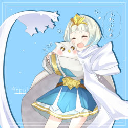 Rule 34 | 1girl, belt, blue background, blue hair, cape, dress, closed eyes, feh (fire emblem heroes), fire emblem, fire emblem heroes, gradient hair, hug, long sleeves, multicolored hair, nintendo, open mouth, rojiura-cat, short hair, simple background, tiara, white cape, white hair, ylgr (fire emblem)