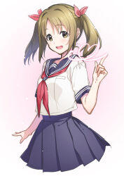 Rule 34 | 1girl, blue sailor collar, blue skirt, blush, bow, breasts, brown eyes, brown hair, collarbone, cropped legs, dot nose, gradient background, hair bow, hair ribbon, hand up, heart, idolmaster, idolmaster cinderella girls, idolmaster cinderella girls starlight stage, imai kana, index finger raised, long hair, looking at viewer, medium breasts, mikapoe, neckerchief, open hand, open mouth, pink background, pink ribbon, pleated skirt, red neckerchief, ribbon, sailor collar, school uniform, serafuku, shirt, short sleeves, skirt, smile, solo, standing, teeth, twintails, upper teeth only, white shirt