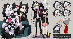 Rule 34 | 1girl, 2boys, alternate costume, ankle boots, asymmetrical bangs, beanie, black choker, black footwear, black hair, black jacket, black pants, boots, brother and sister, brown hair, cable knit, choker, commentary request, couch, creatures (company), dress, galarian form, galarian linoone, galarian zigzagoon, game freak, gen 8 pokemon, green eyes, grey background, grey headwear, gym leader, hair ribbon, hat, heart, highres, holding, holding pokemon, jacket, kagio (muinyakurumi), long hair, marnie (pokemon), morpeko, morpeko (full), multicolored hair, multiple boys, multiple views, musical note, nintendo, open clothes, open jacket, pants, piers (pokemon), pink dress, pokemon, pokemon (creature), pokemon swsh, red ribbon, red shirt, ribbon, shirt, shoes, siblings, sitting, sleeves rolled up, socks, sparkle, spoken musical note, standing, sweatdrop, translation request, two-tone hair, victor (pokemon), white footwear, white hair, white shirt