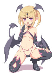 Rule 34 | 1girl, :3, :d, black thighhighs, blonde hair, boots, breasts, bridal gauntlets, cameltoe, circlet, collar, demon girl, demon tail, demon wings, female focus, full body, hand on own knee, head wings, high heels, low wings, navel, on one knee, open mouth, original, pointy ears, purple eyes, sasaame, short hair, simple background, small breasts, smile, solo, tail, thigh boots, thighhighs, white background, wings