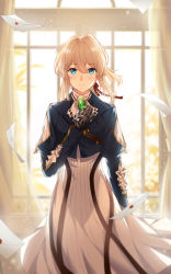 Rule 34 | 1girl, arm at side, blonde hair, blue eyes, blue jacket, blurry, blurry background, blush, closed mouth, commentary request, dress, flying paper, gem, hair between eyes, hair ribbon, hand on own chest, highres, jacket, letter, long hair, long sleeves, looking at viewer, mechanical arms, mechanical parts, mige shijiu, paper, red ribbon, ribbon, smile, solo, striped clothes, striped dress, violet evergarden, violet evergarden (series), white dress, white neckwear
