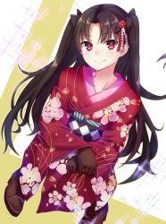 Rule 34 | 1girl, alternate costume, bad id, bad pixiv id, black hair, black ribbon, blush, boots, brown footwear, brown gloves, dutch angle, fate/grand order, fate (series), female focus, floating hair, floral print, flower, full body, furisode, gloves, hair flower, hair ornament, hair ribbon, head tilt, highres, ishtar (fate), ishtar (formal dress) (fate), japanese clothes, kimono, long hair, long sleeves, looking at viewer, neck, obi, own hands together, parted bangs, ramchi, red eyes, red kimono, ribbon, sash, smile, solo, sparkle, squatting, tohsaka rin, two side up, type-moon, very long hair, wide sleeves