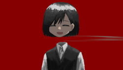 Rule 34 | 1girl, black hair, black vest, closed eyes, collared shirt, disembodied head, floating head, highres, nowoka, open mouth, original, red background, shirt, short hair, simple background, smile, solo, upper body, vest, white shirt