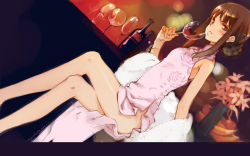 Rule 34 | 1girl, alcohol, bare shoulders, blush, brown eyes, brown hair, china dress, chinese clothes, copyright request, crossed legs, dress, hair bun, highres, legs, long legs, ooyari ashito, single hair bun, sitting, solo, thighs, wallpaper, wine