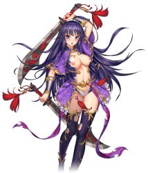 Rule 34 | 1girl, ahoge, arm up, blush, breasts, capelet, dian wei (tokimeki general girls x), dual wielding, floating hair, game cg, holding, holding sword, holding weapon, long hair, looking at viewer, medium breasts, nipples, official art, open mouth, panties, purple capelet, purple eyes, purple hair, purple thighhighs, shiny clothes, shiny legwear, shiny skin, solo, standing, sword, thighhighs, tokimeki general girls x, torn clothes, torn thighhighs, transparent background, underwear, very long hair, weapon, white panties