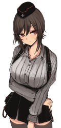 Rule 34 | 1girl, absurdres, adapted costume, black hat, black nails, black skirt, brown eyes, brown hair, closed mouth, collared shirt, commentary, cowboy shot, garrison cap, girls und panzer, grey shirt, grey thighhighs, hat, highres, insignia, light frown, long sleeves, looking at viewer, military hat, miniskirt, nail polish, necro (nekurodayo), nishizumi maho, pleated skirt, pouch, ribbed shirt, shirt, short hair, simple background, skirt, solo, standing, suspender skirt, suspenders, thighhighs, white background, wing collar