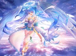 Rule 34 | 1girl, :d, ahoge, angel, angel wings, anklet, back bow, backlighting, bare shoulders, blue hair, blue ribbon, blue skirt, blush, boots, bow, breasts, cleavage, cloud, cloudy sky, commentary, detached collar, detached sleeves, dress, feathered wings, floating hair, flying, frilled dress, frilled sleeves, frills, full body, glowing, gold trim, hair between eyes, hair ribbon, halo, high heel boots, high heels, horizon, jewelry, large breasts, long hair, looking at viewer, miruno (sennen sensou aigis), open mouth, outstretched arm, pigeon-toed, purple eyes, reaching, reaching towards viewer, ribbon, sennen sensou aigis, skirt, sky, smile, solo, sparkle, spread fingers, thigh boots, very long hair, white dress, white footwear, white wings, wings, yuasa akira