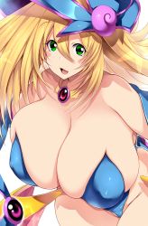 Rule 34 | 1girl, bare shoulders, blonde hair, blush stickers, breasts, choker, cleavage, closed mouth, collarbone, covered erect nipples, dark magician girl, duel monster, eye contact, green eyes, hair between eyes, hat, highres, huge breasts, long hair, looking at another, looking at viewer, pentacle, pentagram, solo, tsukasawa takamatsu, upper body, v-shaped eyebrows, wizard hat, yu-gi-oh!