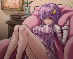 Rule 34 | 1girl, book, breasts, chair, crescent, crescent hair ornament, dress, grey eyes, hair ornament, highres, long hair, painting (object), patchouli knowledge, picture frame, purple hair, rapuka, recursion, seductive smile, smile, solo, touhou, vase, vial