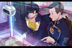 Rule 34 | 2boys, anchor symbol, arcade, arrow (symbol), bad id, bad pixiv id, bandage on face, bandages, black hair, briefcase, brooch, buttons, checkered floor, collarbone, commentary request, copyright name, crane game, diamond wa kudakenai, dollar sign, earrings, gakuran, heart, higashikata josuke, holding, holding briefcase, indoors, jewelry, jojo no kimyou na bouken, letterboxed, long sleeves, looking at another, male focus, multiple boys, nijimura okuyasu, open mouth, parted lips, peace symbol, playing games, pointing, pompadour, sato minato, school briefcase, school uniform, shirt, short hair, standing, stuffed toy, yellow shirt