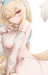 Rule 34 | 1girl, absurdres, animal ears, ass, blonde hair, blue hair, blue nails, breasts, detached sleeves, dog ears, dog girl, dog tail, fuwawa abyssgard, hair between eyes, hairband, highres, hololive, hololive english, large breasts, meme attire, multicolored hair, nail polish, omaigoodgoodeat, one eye closed, pink eyes, sideboob, simple background, smile, solo, streaked hair, tail, thong, virgin destroyer sweater, virtual youtuber, white background