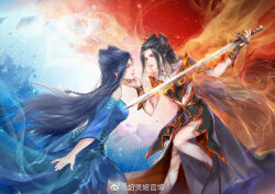Rule 34 | 2girls, armor, armored dress, bare legs, bare shoulders, black hair, blue dress, braid, closed mouth, dress, dual persona, fire, flaming sword, flaming weapon, from side, hair ornament, hand on another&#039;s chin, holding, holding sword, holding weapon, leg up, long hair, looking at another, multiple girls, qinshi mingyue, second-party source, sword, tattoo, weapon, wxh hu, yanling ji (qin shi ming yue)