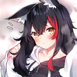 Rule 34 | 1girl, :&lt;, ^^^, animal ear fluff, animal ears, black hair, blush, closed mouth, deany, drawstring, highres, hololive, hood, hood down, long hair, long sleeves, looking at viewer, ookami mio, ookami mio (casual), red hair, solo, steam, towel, upper body, virtual youtuber, wet, wet hair, wolf ears, yellow eyes