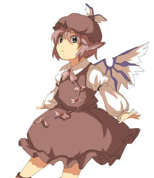 Rule 34 | 1girl, animal ears, arm strap, brown dress, dress, female focus, hat, ichi kumo, long sleeves, mystia lorelei, outstretched arms, petticoat, pink hair, puffy long sleeves, puffy sleeves, short hair, solo, spread arms, touhou, white background, wings
