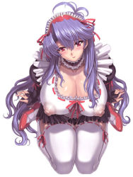 Rule 34 | 1girl, absurdly long hair, apron, arm ribbon, arm support, black dress, black sleeves, blue hair, blush, bow, breasts, choker, cleavage, collar, collarbone, comic unreal, covered erect nipples, detached collar, dress, frilled apron, frilled collar, frilled shirt collar, frilled sleeves, frills, from above, hair bow, hairband, head tilt, high heels, huge breasts, huge nipples, impossible clothes, large areolae, large breasts, large nipples, leg ribbon, light smile, lips, lipstick, long hair, long sleeves, looking at viewer, looking up, maid, maid apron, maid headdress, makeup, microdress, mogudan, nipples, no bra, puffy nipples, red eyes, red footwear, red lips, red ribbon, revealing clothes, ribbon, see-through, seiza, shoes, sidelocks, simple background, sitting, smile, solo, sweat, thigh ribbon, thighhighs, very long hair, white thighhighs