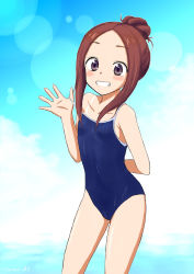 Rule 34 | 1girl, arm behind back, blue one-piece swimsuit, brown hair, commentary request, competition school swimsuit, cowboy shot, from side, grin, hair bun, highres, karakai jouzu no takagi-san, looking at viewer, medium hair, one-piece swimsuit, parted bangs, school swimsuit, single hair bun, smile, solo, standing, sukoburu80, swept bangs, swimsuit, takagi-san, tan, tanline, thighs
