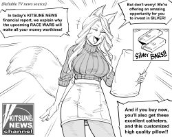 Rule 34 | 1girl, absurdres, animal ears, bb (baalbuddy), breasts, closed eyes, facial mark, facing viewer, fangs, fox ears, fox girl, fox news, fox tail, greyscale, highres, large breasts, long sleeves, monochrome, original, pantyhose, parody, pencil skirt, ribbed sweater, skirt, solo, speech bubble, sweater, tail, translation request, turtleneck, turtleneck sweater