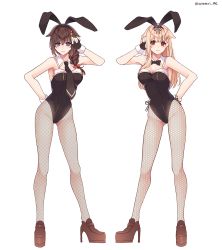 2girls adapted_costume animal_ears bare_shoulders black_gloves black_neckwear black_ribbon blonde_hair blue_eyes bow bowtie braid brown_footwear brown_hair detached_collar fake_animal_ears fingerless_gloves full_body gloves gluteal_fold hair_flaps hair_over_shoulder hair_ribbon high_heels kantai_collection kozu_(bloomme1_me) leotard long_hair looking_at_viewer multiple_girls necktie pantyhose playboy_bunny rabbit_ears red_eyes ribbon shigure_(kancolle) traditional_bowtie twitter_username yuudachi_(kancolle)