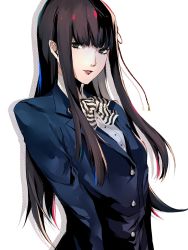 Rule 34 | 1girl, arched back, blue cardigan, blue hair, bow, bowtie, breasts, brown hair, cardigan, commentary, eyelashes, grey eyes, highres, kosei high school uniform, lips, long hair, looking at viewer, looking to the side, medium breasts, multicolored hair, parted lips, persona, persona 5, pertex 777, red hair, school uniform, shadow, shirt, sidelocks, simple background, solo, streaked hair, striped bow, striped bowtie, striped clothes, striped neckwear, tougou hifumi, upper body, white background, white shirt