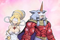 Rule 34 | 1boy, 1girl, absurdly long hair, blindfold, blonde hair, breasts, cleavage, digimon, horn, jewelry, large breasts, long hair, marsmon, muscular, necklace, no humans, olympos xii, smile, source request, venusmon, very long hair