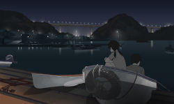 Rule 34 | 1boy, 1girl, bad id, bad pixiv id, black hair, boat, bridge, canoe, commentary, dark, dock, hill, house, light, night, original, rowboat, scenery, shiira, short twintails, sitting, sky, tire, town, twintails, water, watercraft