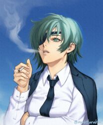 Rule 34 | 1girl, aqua eyes, aqua hair, arm under breasts, black jacket, black necktie, blue sky, breasts, chainsaw man, cigarette, collared shirt, eyepatch, hair between eyes, highres, himeno (chainsaw man), holding, holding cigarette, jacket, jacket on shoulders, long sleeves, medium breasts, necktie, one eye covered, outdoors, parted lips, shirt, short hair, sky, smoke, smoking, solo, suit jacket, twitter username, uboar, upper body, white shirt