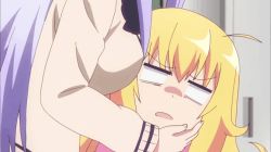 Rule 34 | 2girls, ahoge, blonde hair, breasts, breasts on face, cardigan, gabriel dropout, hand on another&#039;s face, light purple hair, long hair, messy hair, multiple girls, open mouth, school, raphiel shiraha ainsworth, gabriel tenma white, very long hair, white eyes
