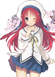 Rule 34 | 1girl, ;), arm at side, beret, blue eyes, blue skirt, blunt ends, blush, cherry blossoms, closed mouth, commentary request, cowboy shot, da capo, finger to mouth, floating hair, hair between eyes, hand up, hat, index finger raised, long hair, long sleeves, looking at viewer, miniskirt, nagesuteaka, one eye closed, pleated skirt, red hair, ribbon, sailor collar, school uniform, serafuku, shirakawa kotori, shirt, simple background, skirt, smile, solo, white background, white hat, white sailor collar, white shirt, yellow ribbon