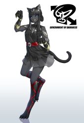 Rule 34 | 1girl, animal ears, animal feet, animal hands, black hair, black sclera, black skin, blue eyes, cat ears, cat girl, cat tail, character request, claws, colored sclera, colored skin, copyright request, digitigrade, eidenjyou1997, full body, gradient background, grin, highres, kaijin, long hair, monster girl, personification, smile, solo, tail