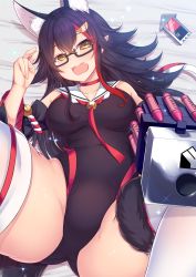 Rule 34 | absurdres, animal ears, ass, bespectacled, black hair, blush, breasts, cellphone, competition swimsuit, crayon, d:, detached sleeves, fang, glasses, gluteal fold, hair ornament, hairclip, highleg, highres, hololive, multicolored hair, one-piece swimsuit, ookami mio, ookami mio (1st costume), open mouth, phone, solo, spread legs, streaked hair, swimsuit, tail, virtual youtuber, white legwear, wolf ears, wolf tail, yellow eyes, yoshiheihe