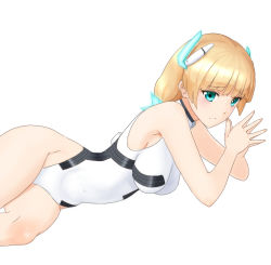 Rule 34 | 1girl, angela balzac, aqua eyes, blonde hair, breasts, covered navel, cowboy shot, fingers together, gogi, hair ornament, impossible clothes, impossible leotard, large breasts, leotard, long hair, looking at viewer, low twintails, lying, on side, rakuen tsuihou, simple background, solo, steepled fingers, twintails, twisted torso, very long hair, white background