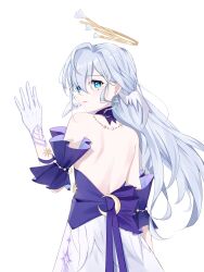 Rule 34 | 1girl, absurdres, backless dress, backless outfit, bare back, bare shoulders, blue eyes, commentary request, detached sleeves, dress, facial mark, from behind, gloves, grey hair, hand up, head wings, highres, honkai: star rail, honkai (series), long hair, looking at viewer, looking back, parted lips, robin (honkai: star rail), short sleeves, simple background, solo, upper body, very long hair, white background, white gloves, wings, xiaoye795