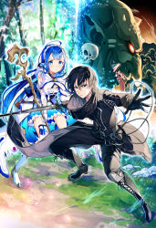 Rule 34 | 1boy, 1girl, :t, bad id, bad pixiv id, black eyes, black footwear, black gloves, black hair, black pants, blue hair, blue skirt, blue theme, blush, boots, cross-laced footwear, detached sleeves, floating hair, gloves, goblin, highres, holding, holding staff, holding sword, holding weapon, isekai ommitsu boukenki, kat (bu-kunn), lace-up boots, long hair, looking at viewer, miniskirt, outstretched arms, pants, pleated skirt, red eyes, sharp teeth, skirt, skull, staff, sword, teeth, thighhighs, tongue, tongue out, very long hair, weapon, white gloves