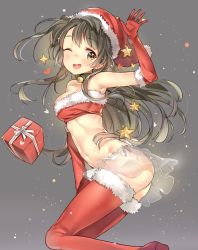 Rule 34 | 10s, 1girl, ;d, alternate costume, arm up, armpits, ass, bandeau, bare shoulders, bell, blush, boots, bow, box, breasts, brown hair, christmas, cleavage, collar, elbow gloves, floating hair, from side, fur trim, gift, gift box, gloves, grey background, grey hair, groin, hat, heart, jingle bell, leaning forward, leg lift, light particles, long hair, looking at viewer, looking back, love live!, love live! school idol project, microskirt, minami kotori, navel, neck bell, one eye closed, one side up, open mouth, panties, parted bangs, red gloves, red thighhighs, ribbon, santa costume, santa hat, see-through, side-tie panties, sidelocks, simple background, skirt, smile, solo, standing, standing on one leg, star (symbol), strapless, string panties, thigh boots, thighhighs, thong, tube top, underwear, very long hair, waving, yellow eyes, yuran