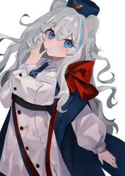 Rule 34 | 1girl, absurdres, animal ears, arknights, bear ears, bear girl, bebe (bebe pp), blue eyes, blue hat, blue jacket, blue nails, blue necktie, blush, bow, coat, commentary, hand on own face, hat, heterochromia, highres, jacket, long hair, looking at viewer, multicolored hair, nail polish, necktie, purple eyes, red bow, rosa (arknights), signature, simple background, solo, streaked hair, uniform, ursus empire logo, very long hair, white background, white coat, zipper