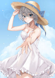 Rule 34 | 1girl, anastasia (idolmaster), bad id, bad pixiv id, bare shoulders, blue eyes, blue sky, blush, breasts, cleavage, closed mouth, coffeedog, collarbone, day, dress, eyelashes, hair between eyes, hat, highres, idolmaster, idolmaster cinderella girls, looking at viewer, medium breasts, outstretched arm, short hair, silver hair, sky, smile, solo, sun hat, thighs, white dress