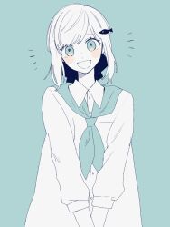 Rule 34 | 1girl, :d, blue background, blue eyes, blush, buttons, collared shirt, fish hair ornament, hair ornament, highres, limited palette, long sleeves, looking at viewer, maco22, medium hair, monochrome, neckerchief, notice lines, open mouth, original, sailor collar, shirt, simple background, smile, solo, straight-on, upper body, v arms
