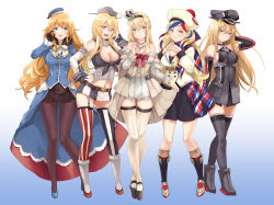 Rule 34 | 10s, 5girls, american flag, american flag legwear, anchor hair ornament, arm at side, arm behind head, asymmetrical legwear, atago (kancolle), bad id, bad pixiv id, bare shoulders, beret, bismarck (kancolle), black legwear, black skirt, blonde hair, blue dress, blue eyes, blue hair, boots, breasts, cleavage, cleavage cutout, clothing cutout, commandant teste (kancolle), corset, detached sleeves, dress, elbow gloves, fingerless gloves, flag print, front-tie top, full body, fumako, garter straps, gloves, gradient background, grey legwear, hair between eyes, hair ornament, hat, headgear, high heels, highres, impossible clothes, interlocked fingers, iowa (kancolle), jacket, kantai collection, large breasts, light smile, lips, long hair, looking at viewer, miniskirt, mismatched legwear, multicolored clothes, multicolored hair, multicolored scarf, multiple girls, navel, navel cutout, off-shoulder dress, off shoulder, open mouth, pantyhose, peaked cap, plaid, plaid scarf, platform footwear, platform heels, pleated skirt, pom pom (clothes), red hair, scarf, short dress, skirt, smile, star-shaped pupils, star (symbol), straight hair, streaked hair, striped clothes, striped thighhighs, swept bangs, symbol-shaped pupils, thighhighs, tongue, trait connection, vertical-striped clothes, vertical-striped thighhighs, warspite (kancolle), wavy hair, white dress, white hair, white legwear, zettai ryouiki