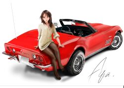 Rule 34 | 1girl, antennae, arm support, black pantyhose, blue eyes, brown hair, brown sweater, cat, full body, highres, kazuki (aquariumseen), long hair, looking at viewer, original, pantyhose, parted lips, shadow, signature, simple background, sitting, sitting on car, solo, sweater, vehicle focus, white background