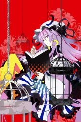 Rule 34 | 1girl, birdcage, book, cage, crescent, crossed legs, earrings, flower, hat, jewelry, lily (flower), long hair, open book, pantyhose, patchouli knowledge, purple eyes, purple hair, reading, red background, sitting, solo, touhou, tsurukame, very long hair, yellow pantyhose