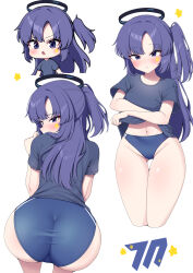 Rule 34 | 1girl, :o, absurdres, ass, bent over, black shirt, blue archive, blue buruma, blush, buruma, chibi, closed mouth, clothes lift, commentary, cropped legs, expressionless, groin, gym shirt, halo, highleg, highleg buruma, highres, lifting own clothes, long hair, mechanical halo, metaljelly, micro shorts, midriff, multiple views, navel, official alternate costume, profile, purple eyes, purple hair, shirt, shirt lift, short sleeves, shorts, side ponytail, simple background, standing, star (symbol), star sticker, sticker on face, symbol-only commentary, v-shaped eyebrows, white background, yuuka (blue archive), yuuka (track) (blue archive)