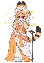 Rule 34 | 1girl, animal ears, blonde hair, bow, bowtie, brown eyes, cane, cat ears, cat girl, cat tail, dress, extra ears, full body, gloves, hair ornament, highres, kemono friends, long hair, looking at viewer, notora, orange dress, ribbon, serval (kemono friends), simple background, solo, tail