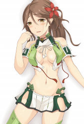 Rule 34 | 10s, 1girl, amagi (kancolle), bare shoulders, breasts, brown eyes, brown hair, crop top, esuto, female focus, flower, green thighhighs, groin, hair between eyes, hair flower, hair ornament, highres, kantai collection, large breasts, long hair, looking at viewer, midriff, mole, mole under eye, navel, open clothes, parted lips, ponytail, short sleeves, simple background, solo, thighhighs, zettai ryouiki