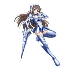 Rule 34 | 10s, 1girl, accel world, armor, armored boots, blue eyes, boots, breasts, brown hair, covered navel, duel avatar, fingerless gloves, floating hair, full body, gloves, hand in own hair, holding, holding weapon, kurasaki fuuko, lance, long hair, looking at viewer, medium breasts, official art, polearm, simple background, solo, thigh boots, thighhighs, very long hair, weapon, white background, white gloves